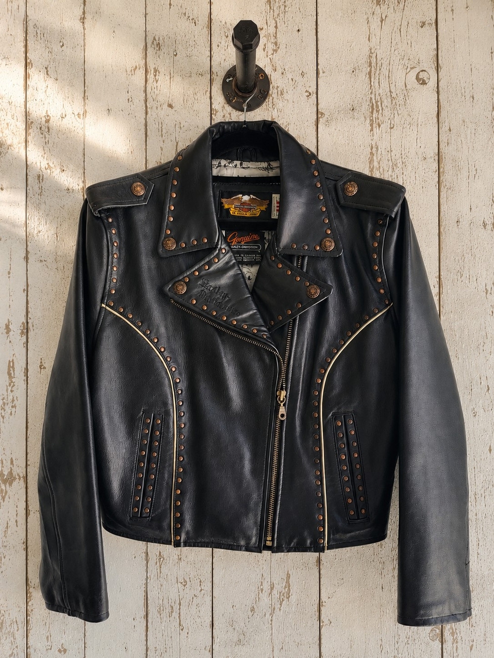 Harley-Davidson Black Leather Studded Moto Jacket with Copper Accents